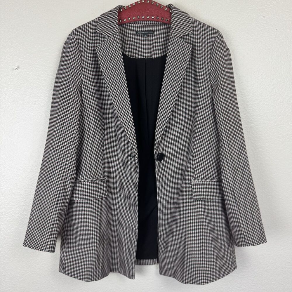 Adrianna Papell Houndstooth One Button Blazer Jacket Black Cream Red Medium